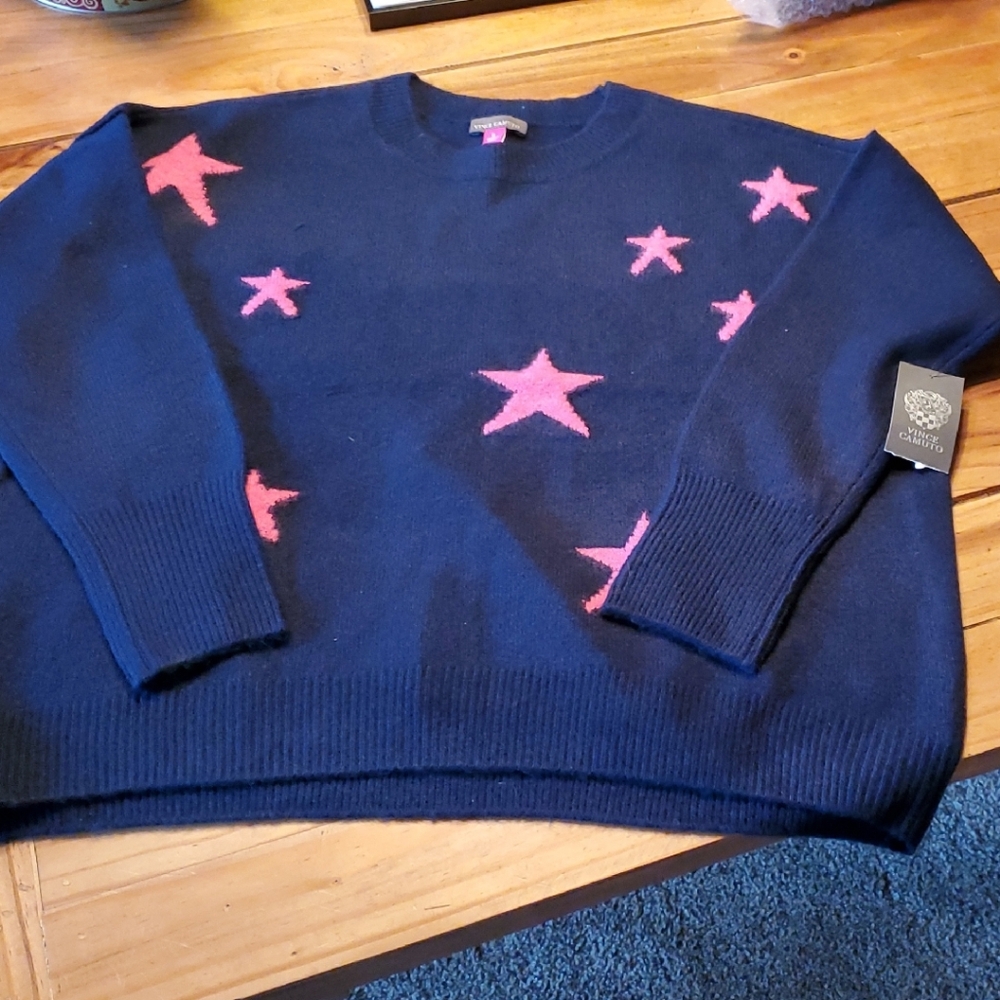 Vince Camuto Navy and Pink Star Sweater